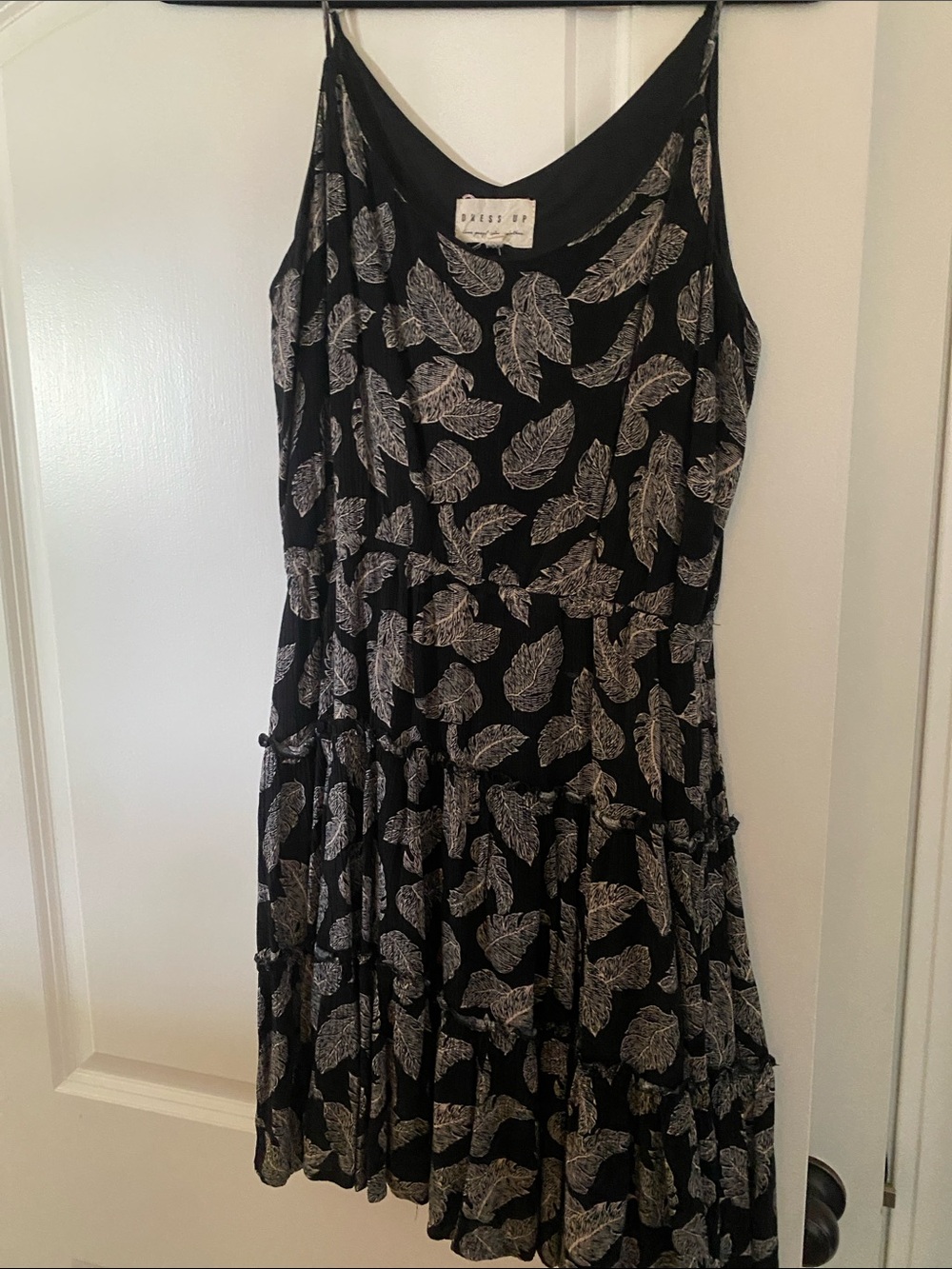 Black Feather-Print Spaghetti-Strap Mini Dress